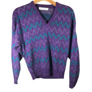 Vintage Sweater Jantzen Womens M Purple Chevron 1980s Knit V-Neck USA